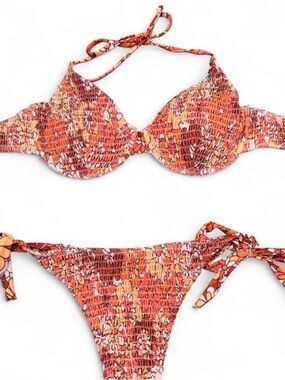 Smocked Floral Tie-Side Bikini Set in Orange Floral
